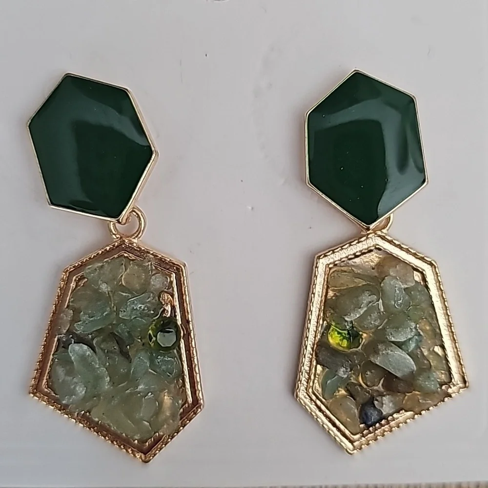 Hexagon Avocado Green Dangle Earrings With Artificial Crystal Decor Retro